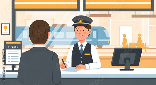 Train station attendant assisting a customer at the ticket counter with a train in the background