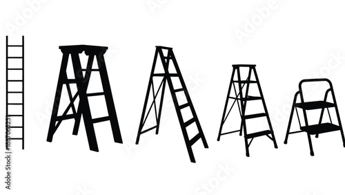A collection of various ladders and step stools on a white background