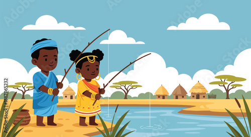 Vector illustration of African children fishing by a riverbank, showing calm daily activity and connection to nature in rural community life through flat vector design