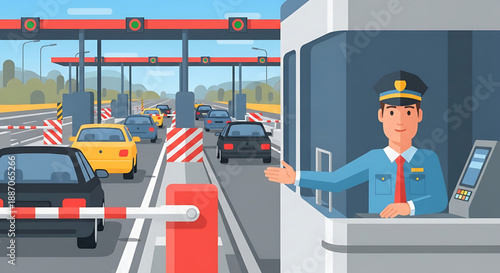 Modern highway toll booth with an attendant efficiently managing vehicle traffic flow, ensuring quick passage for drivers and optimized road network operations