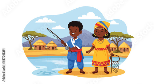 Vector illustration of African children fishing by a riverbank, showing calm daily activity and connection to nature in rural community life through flat vector design