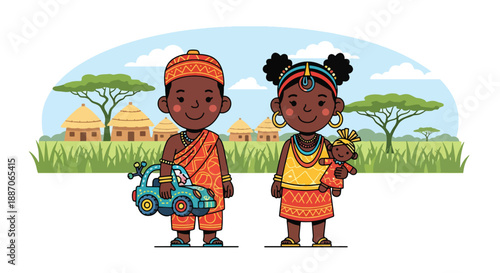 Vector illustration of African children carrying handmade toys, highlighting creativity and resourceful play in rural childhood through flat vector art