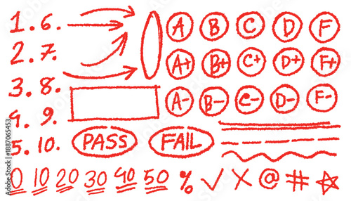 Exam grade test red pen mark set. Handwritten scribble marker academic symbols. Crayon school test results different hand drawn signs concept. Teacher scores of student homework. Checkbox, tick, cross
