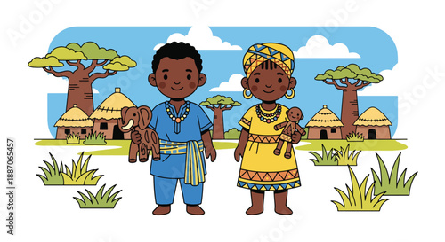 Vector illustration of African children carrying handmade toys, highlighting creativity and resourceful play in rural childhood through flat vector art
