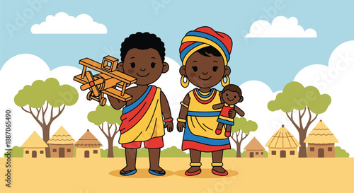 Vector illustration of African children carrying handmade toys, highlighting creativity and resourceful play in rural childhood through flat vector art