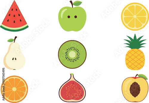 Collection of fresh colorful fruit slices and whole fruits isolated on white background