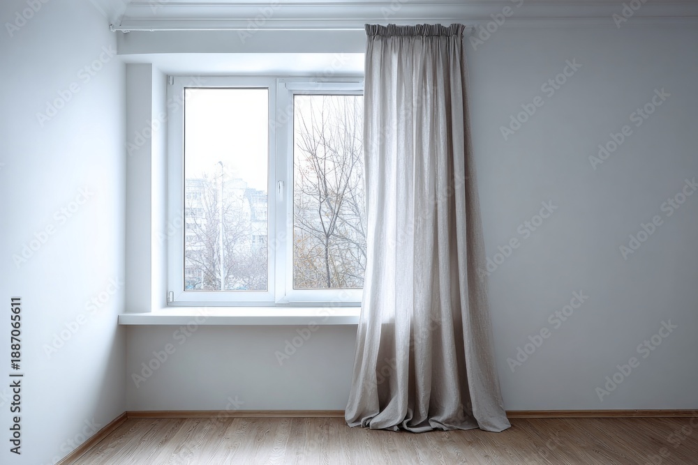 Fototapeta premium Minimalist interior with a large window and neutral curtains.
