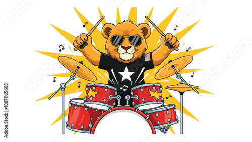 Cartoon lion drummer playing drum set with sunglasses.