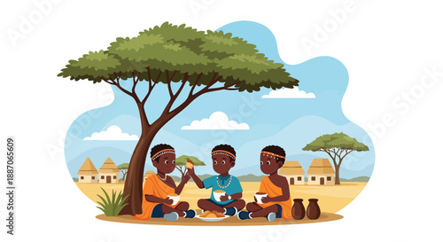 Vector illustration of African children sharing food after school, expressing friendship, care, and strong community bonds in flat vector style