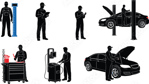 Auto mechanic service silhouette set isolated on white background, showing car repair inspection diagnostics maintenance workshop illustration collection professional industry