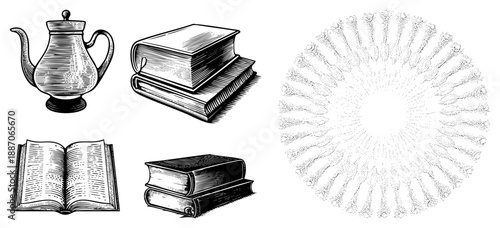 Vintage Tea Kettle, Stacked Books, and Radiating Dot Vector Set