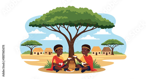 Vector illustration of African children sharing food after school, expressing friendship, care, and strong community bonds in flat vector style