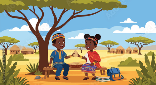 Vector illustration of African children sharing food after school, expressing friendship, care, and strong community bonds in flat vector style