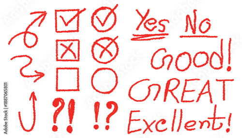 Exam grade test red pen mark set. Handwritten scribble marker academic symbols. Crayon school test results different hand drawn signs concept. Teacher scores of student homework. Checkbox, tick, cross