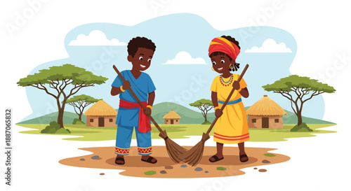 Vector illustration of African children sweeping their schoolyard together, expressing responsibility and pride in community spaces in flat vector style