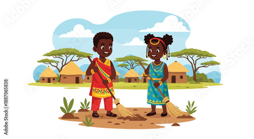 Vector illustration of African children sweeping their schoolyard together, expressing responsibility and pride in community spaces in flat vector style