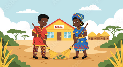 Vector illustration of African children sweeping their schoolyard together, expressing responsibility and pride in community spaces in flat vector style