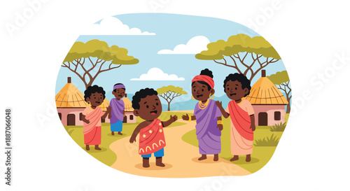 Vector illustration of African children greeting neighbors on village paths, expressing friendliness and strong community culture in rural daily life through flat vector ar