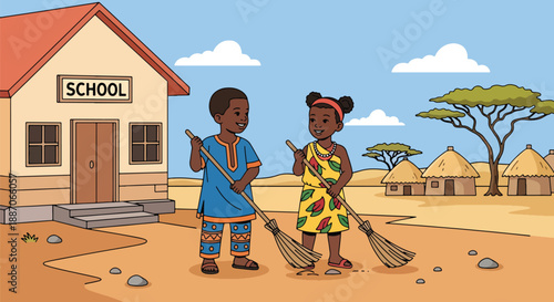 Vector illustration of African children sweeping their schoolyard together, expressing responsibility and pride in community spaces in flat vector style