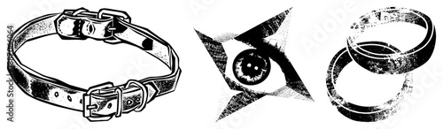 Vintage Leather Dog Collar, All Seeing Eye Symbol, Interlocking Rings Set