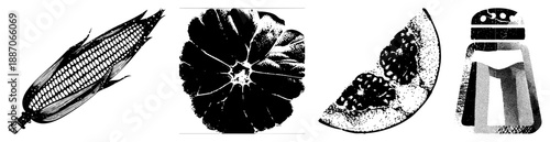 Vector Illustration of Corn, Grapefruit, Watermelon, and Salt Shaker in Halftone Style