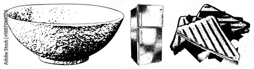 Textured Ceramic Bowl, Refrigerator, and Stacked Grilled Sandwiches Vector Set