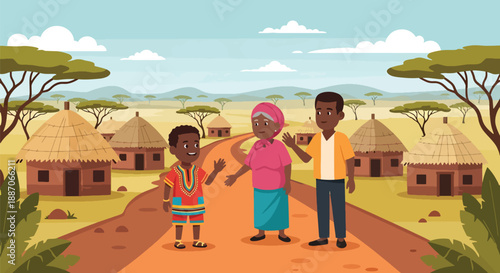 Vector illustration of African children greeting neighbors on village paths, expressing friendliness and strong community culture in rural daily life through flat vector art