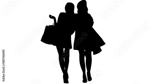Two women walking together in a black silhouette vector graphic design