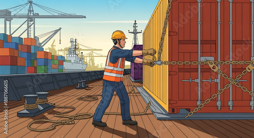 Dedicated worker secures a large shipping container on a cargo ship deck, ensuring safe maritime transport and efficient global logistics at a bustling industrial port