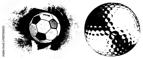 Black and White Soccer Ball and Golf Ball Vector Illustration Set