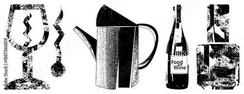 Vintage Wine Glass, Pitcher, Bottle & Cocktail Glass in Halftone Vector Set