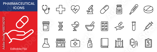 Pharmaceutical Care Themed Flat Minimalist Outline Vector Icons
