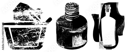 Vintage Inkwell, Paintbrush, and Bottle Artistic Set in Halftone Style