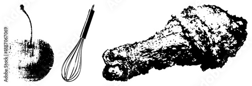 Cherry, Whisk, and Fried Chicken Leg in Halftone Vector Illustration