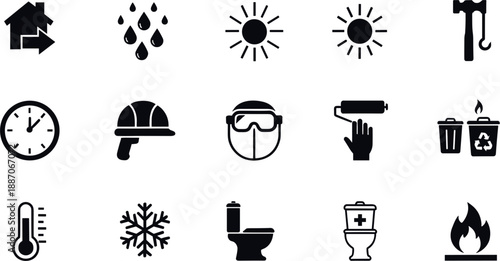 Industrial safety and construction icons set with helmet tools weather and hazard symbols