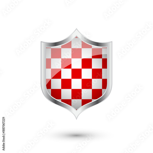 Glossy shield with red and black pattern. Security and protection concept. Cyber safety icons, internet privacy, web defense, digital data protection and antivirus themes. Vector illustration