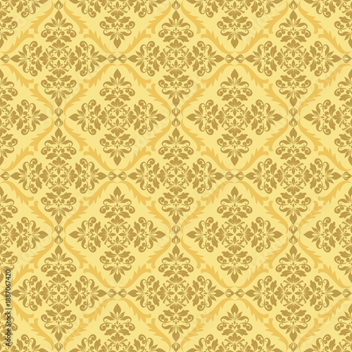 Elegant seamless damask pattern with classic ornamental motifs. Warm golden yellow tones create a vintage and luxurious feel suitable for wallpapers, textiles, and interior design