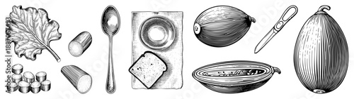 Vintage Illustrated Set of Kitchen Utensils and Food Items in Black and White