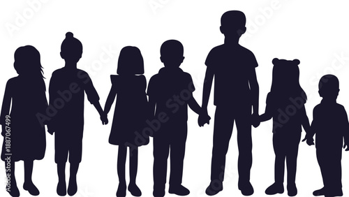 A group of children standing together in a line holding hands