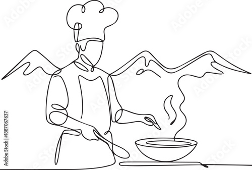 Chef Cooking in Mountainous Landscape with Utensils and Bowl