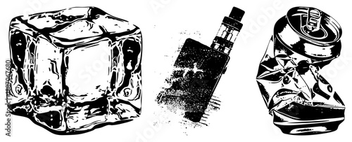 Crumpled Soda Can, Vape Device, and Ice Cube Vector