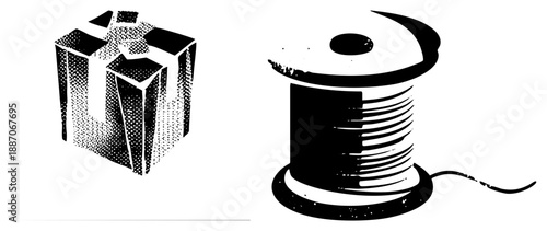 Gift Box with Bow and Thread Spool Vector