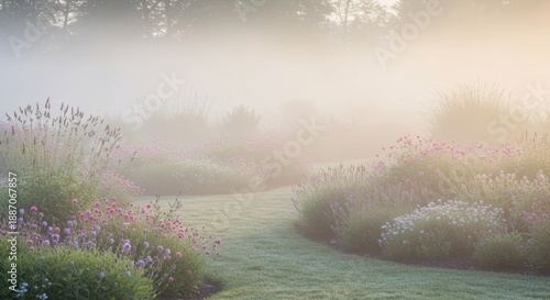 Pastel Flowers in a Foggy Garden at Sunrise