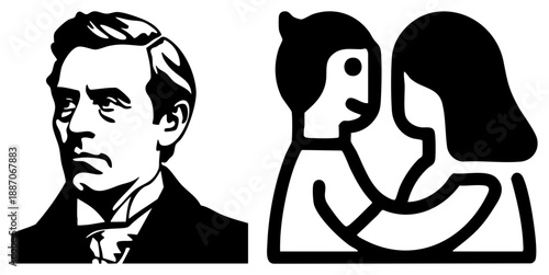 Vintage Portrait Man and Modern Abstract Couple Silhouettes