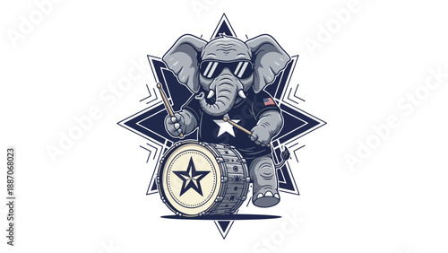 Cool elephant playing drums with sunglasses and a pipe.