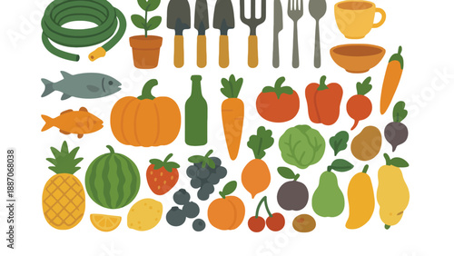 A colorful illustration of various fruits and vegetables with gardening tools