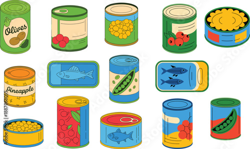Canned food collection illustration with colorful tins of fish, fruit and vegetables, flat cartoon style packaging set for grocery and kitchen design