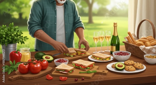 Man Preparing Sandwiches for an Outdoor Picnic