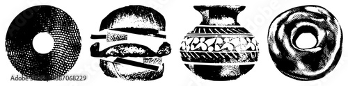 Ancient Artifact Set Featuring Discs, Burger, Vase, and Ring with Halftone Texture