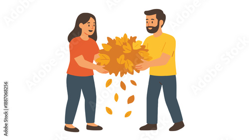 A cartoon illustration of a man and woman holding autumn leaves together
